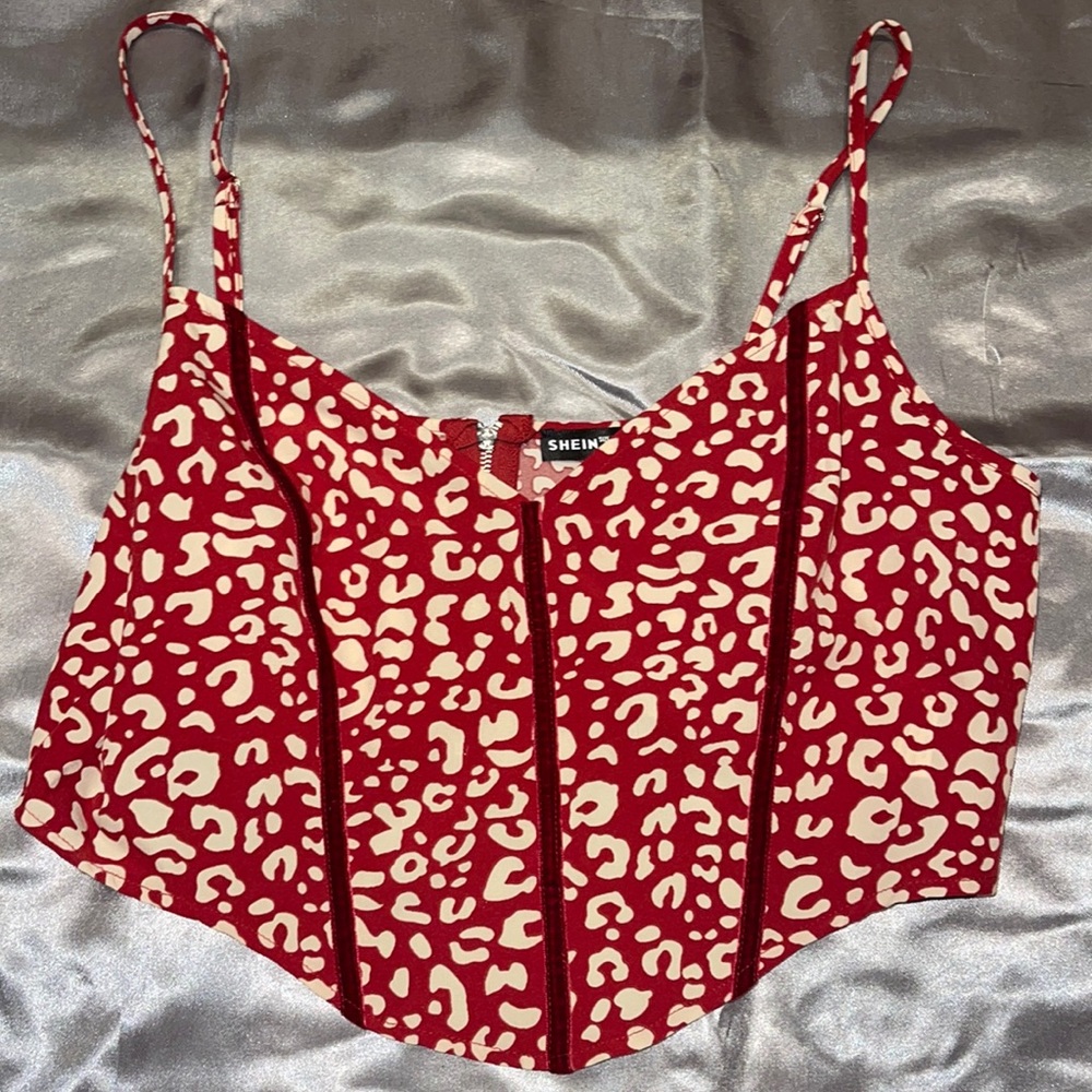 SHEIN Red Leopard Cropped Tank with Corset Styled Velvet Striping